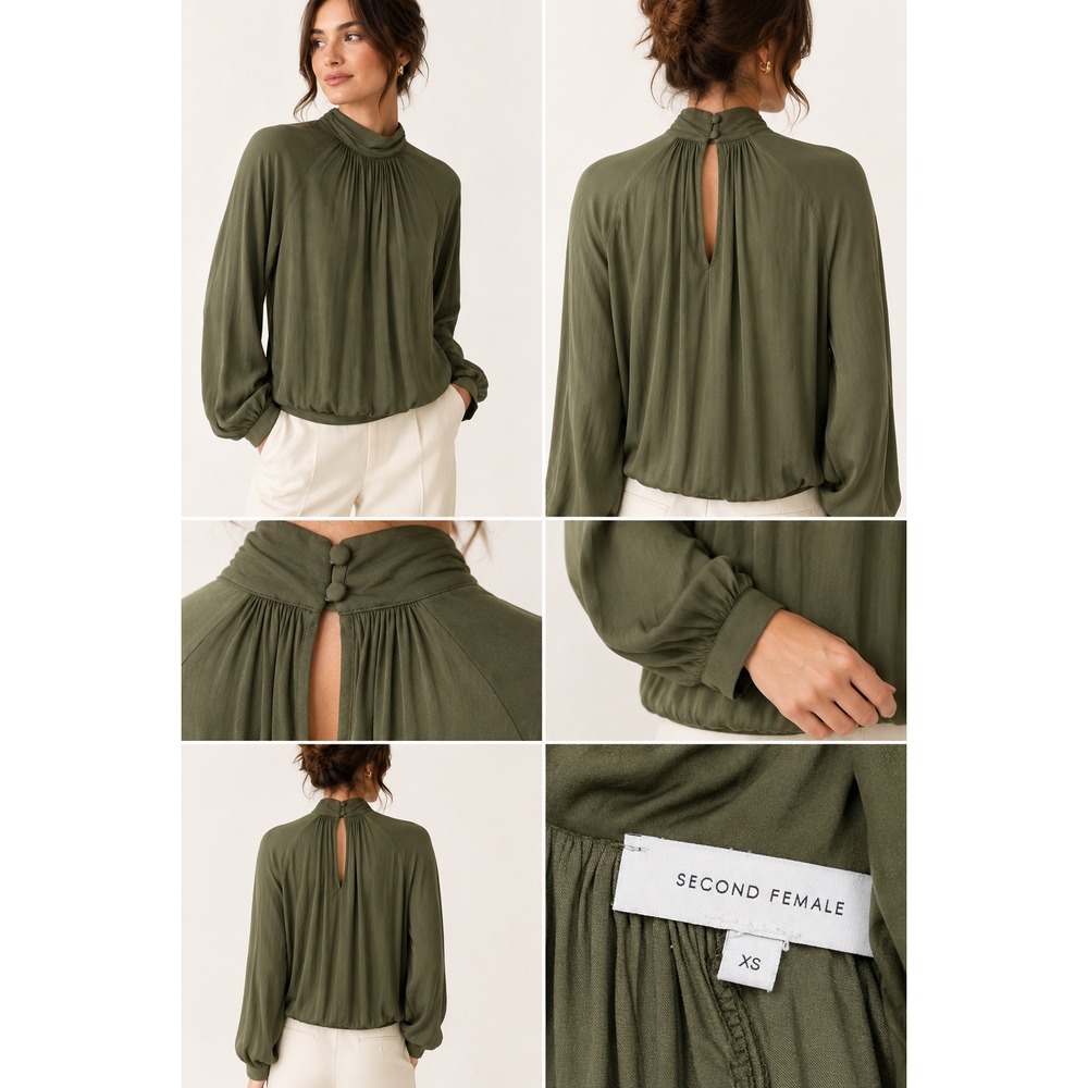 Second Female Maurizio Blouse XS Olive Satin Mock Neck Draped Scandi Satin Chic